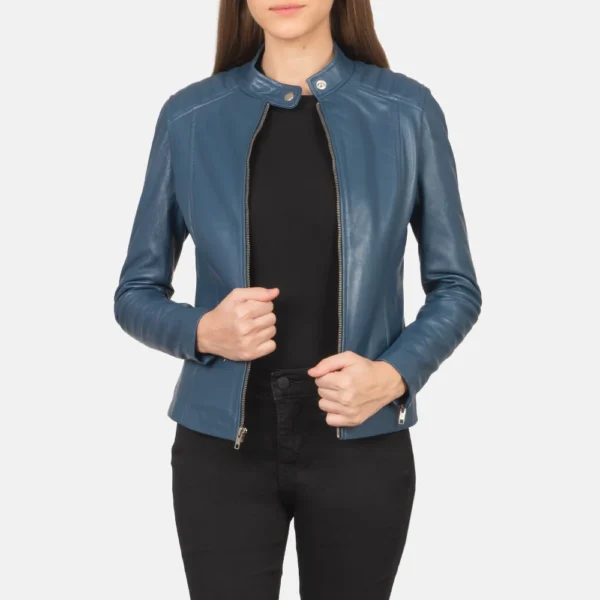 Kelsee Blue Leather Biker Jacket – Stylish Women’s Outerwear