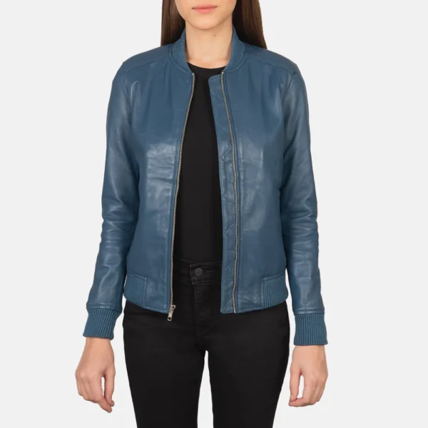 Bliss Blue Leather Bomber Jacket – Trendy Women’s Outerwear