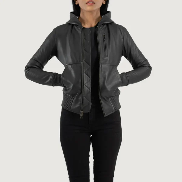 Luna Black Hooded Leather Bomber Jacket – Sleek & Modern Outerwear