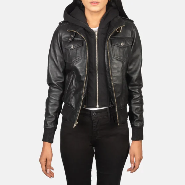 Roslyn Black Hooded Leather Bomber Jacket – Stylish & Versatile