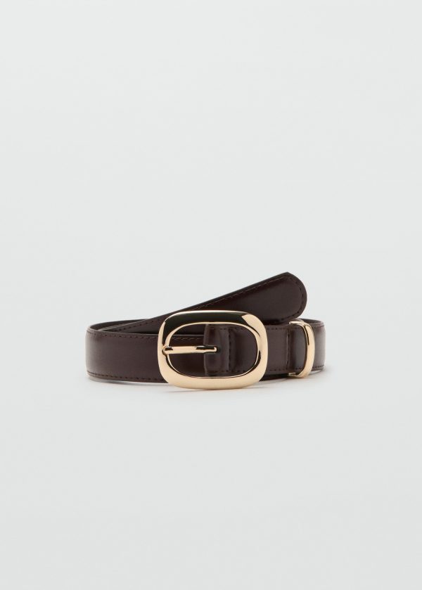 Women’s Oval Buckle Leather Belt – Classic Dark Brown Slim Belt